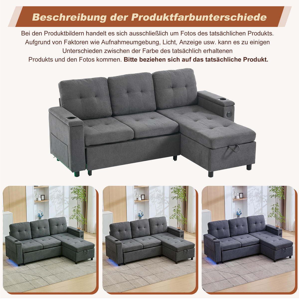 ECKSOFA L-Form Schlafsofa Stauraum LED 3-Sitzer Grau 208cm - Grau, Textil (208/146cm) - FLIEKS