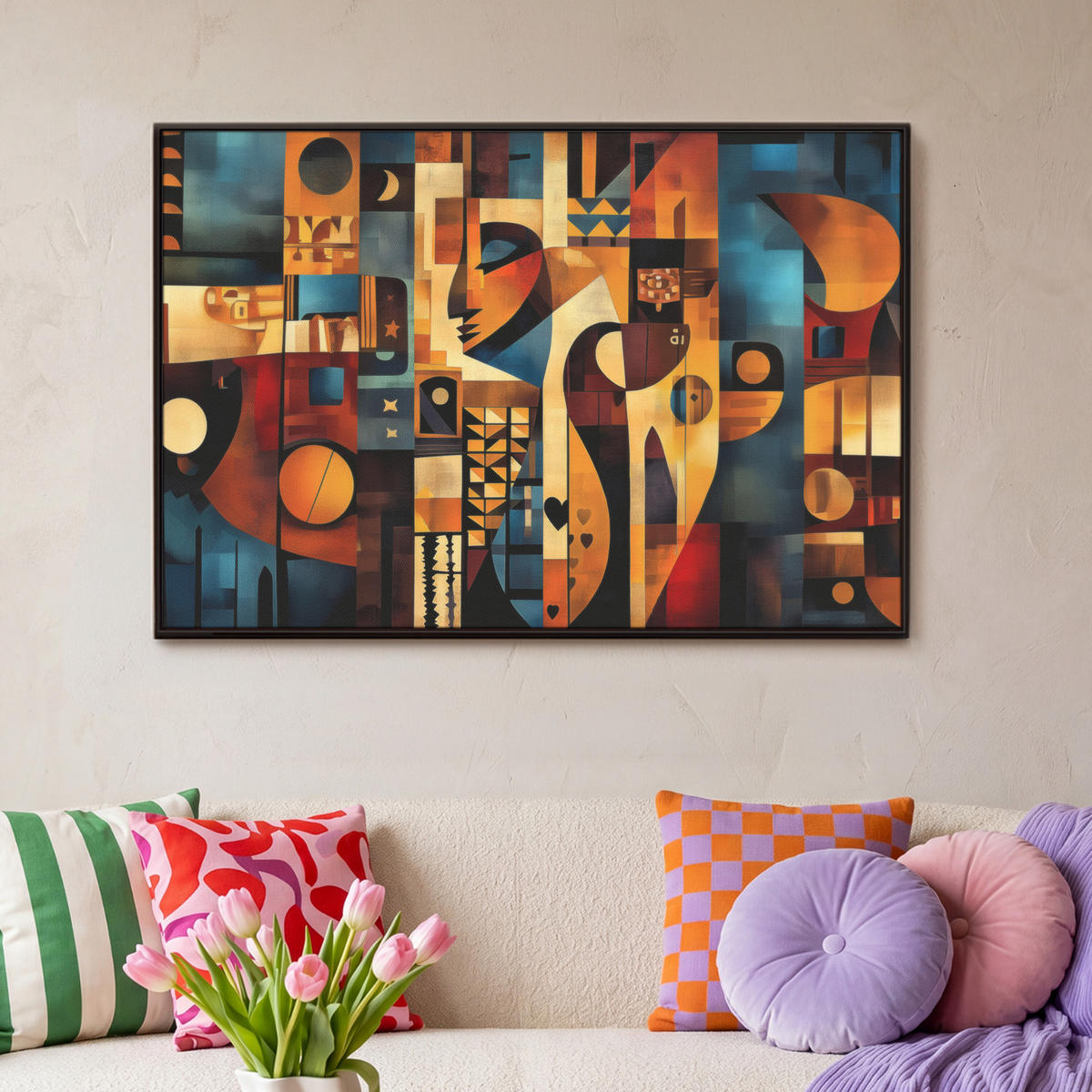 LEINWAND Bilder mit Rahmen - Figuren - Abstrakt - Symbole - 90x60 - Terracotta, Textil (90/60cm) - MuchoWow