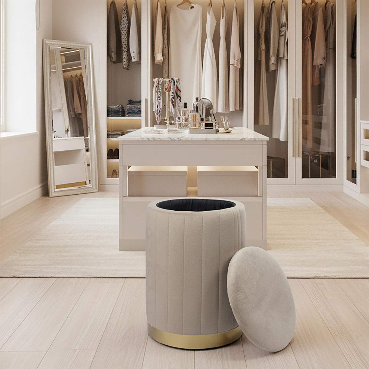 HOCKER - Hellgrau/Grau, Holzwerkstoff/Textil (32/42/32cm) - Relaxdays