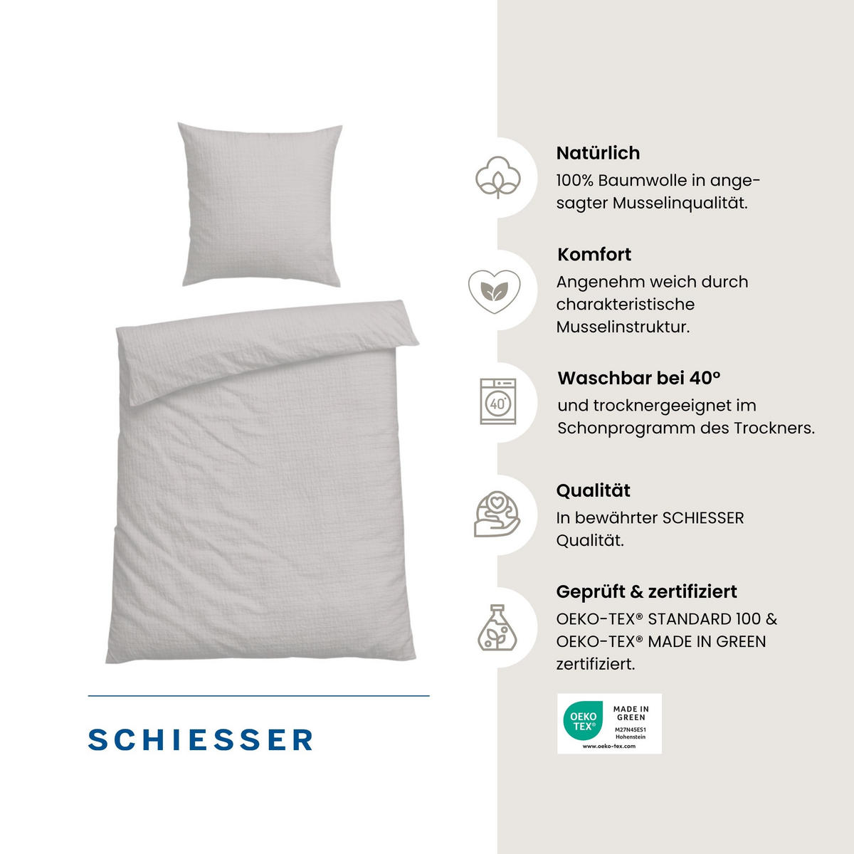 BETTWÄSCHESET Molly - Musselin - 2-teilig - 135 x 200 cm - Hellgrau - Hellgrau, Textil (135/200cm) - SCHIESSER