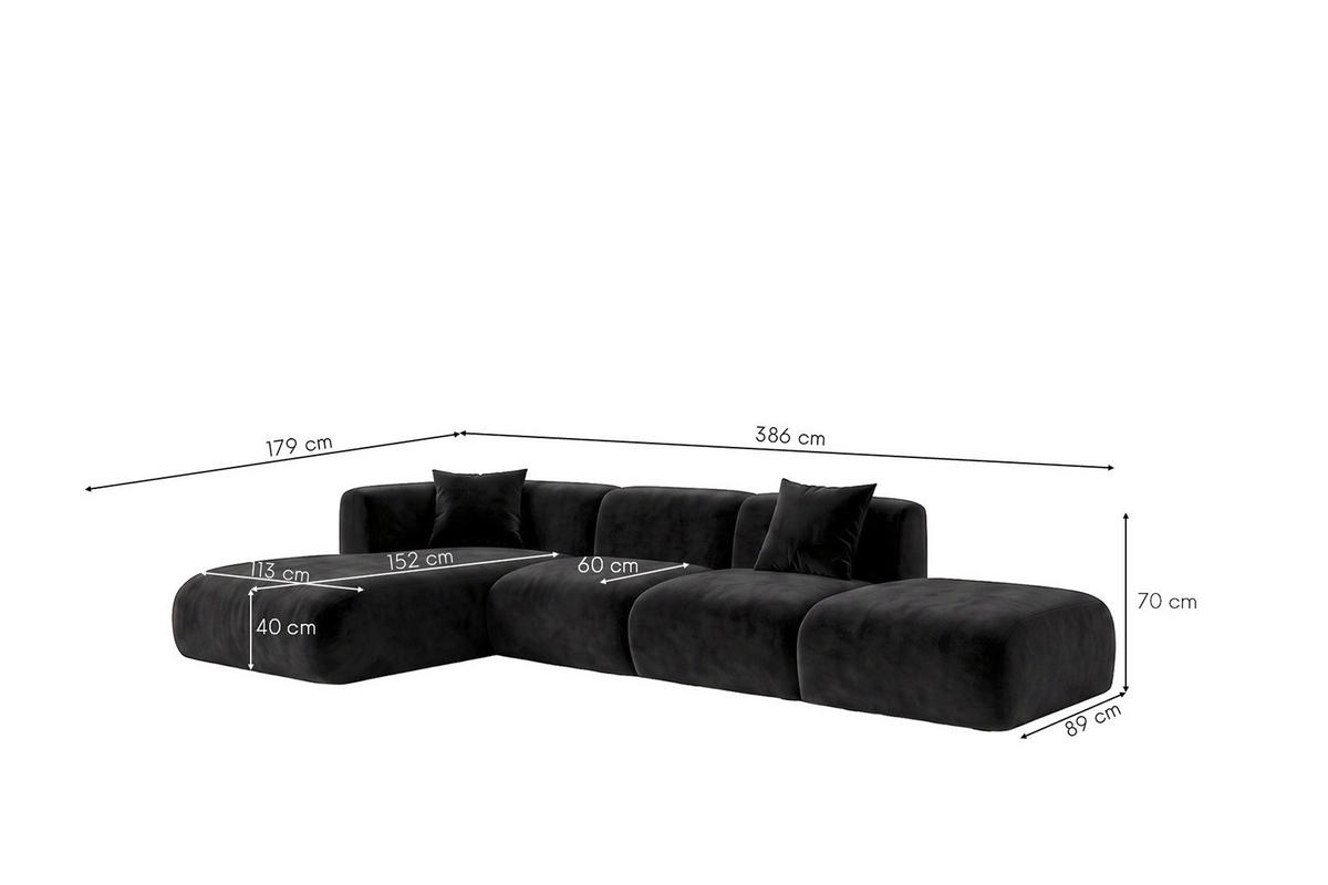 ECKSOFA L-Form Mit Hocker, Velvet-Stoff Bluvel, Schwarz, Links, GRETA - Schwarz, Holz (386/179cm) - Kaiser Möbel
