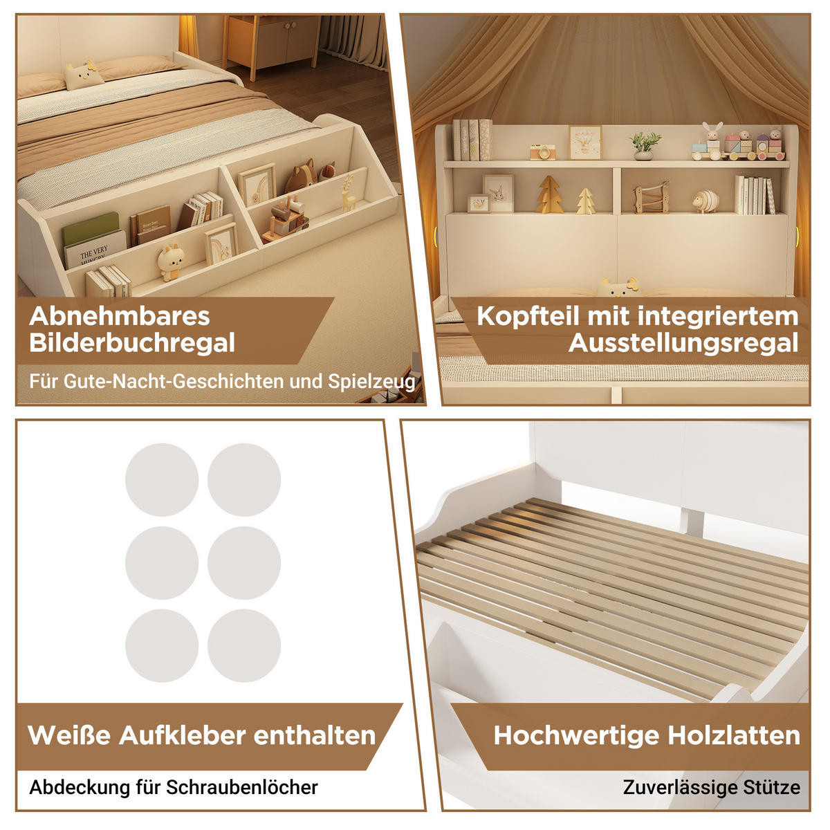 DOPPELBETT aus Holz 140x200 cm Weiß mit Lattenrost, Bücherregal und Nachtlichtern - Weiß, Holz (140/200cm) - IVMEU