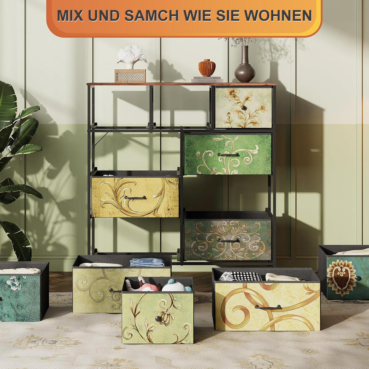 KOMMODE mit 9 Stoffschubladen, Stoffkommode mit Metallrahmen - Multicolor, Holz (30/100/100cm)