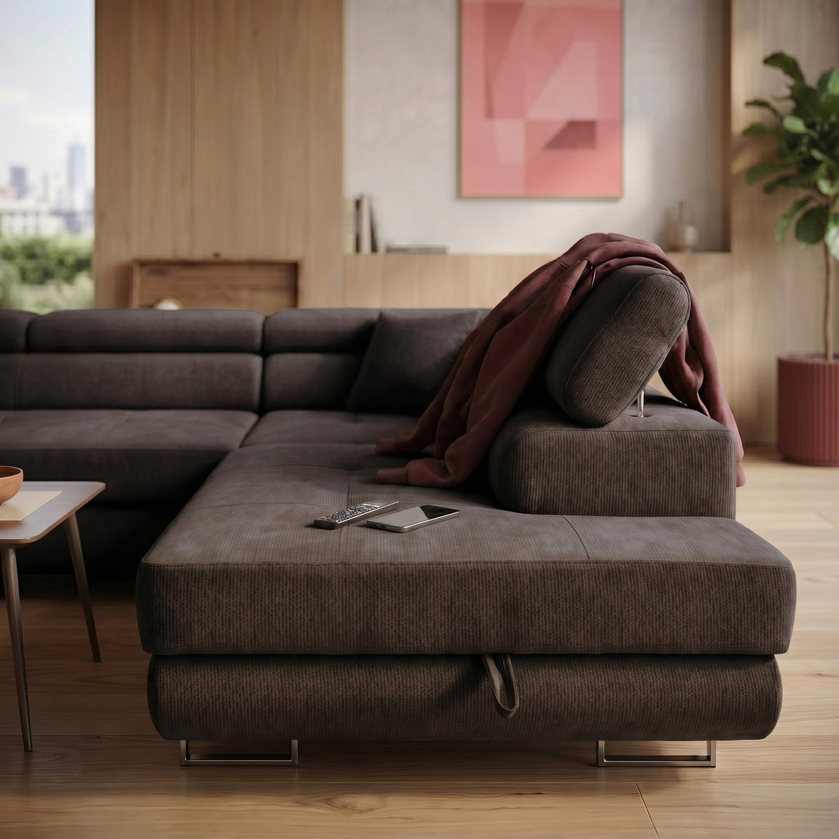 ECKSOFA U-Form WILD U Rechts mit Schlaffunktion 130x260 Chenille Dunkelbraun - Dunkelbraun/Silberfarben, Holz/Textil (203/90/350cm) - Muffo