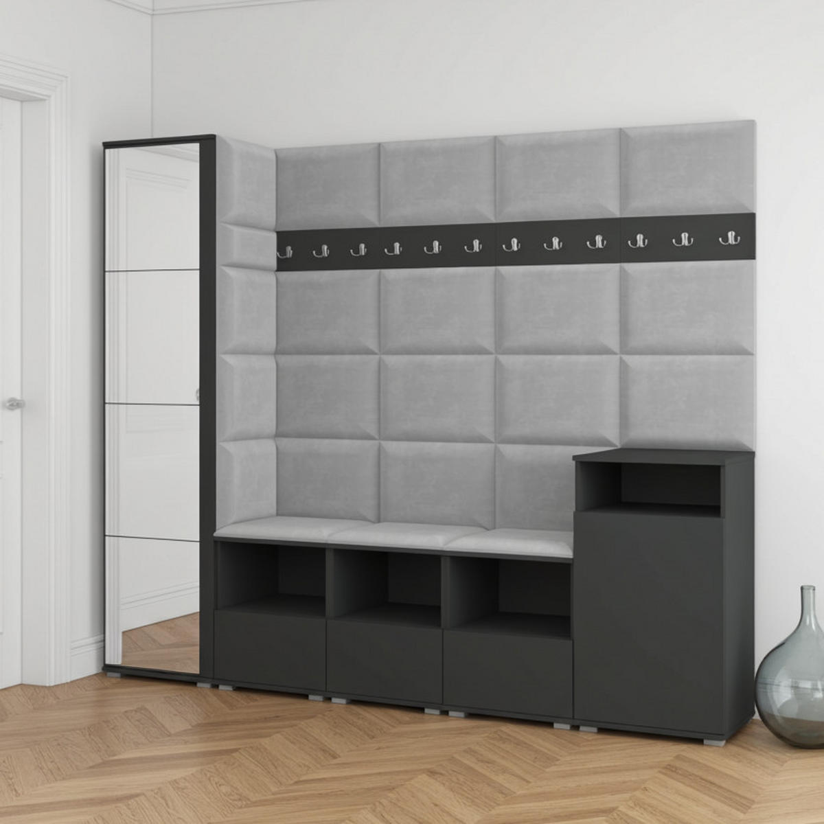 GARDEROBE NELA XI 250 cm (Modulare Flurmöbel Graphit mit Spiegel & Sitzpolster Hellgrau 32 Großes Set) - Silberfarben/Hellgrau, Holz/Holzwerkstoff (250/187/40cm) - Ravio