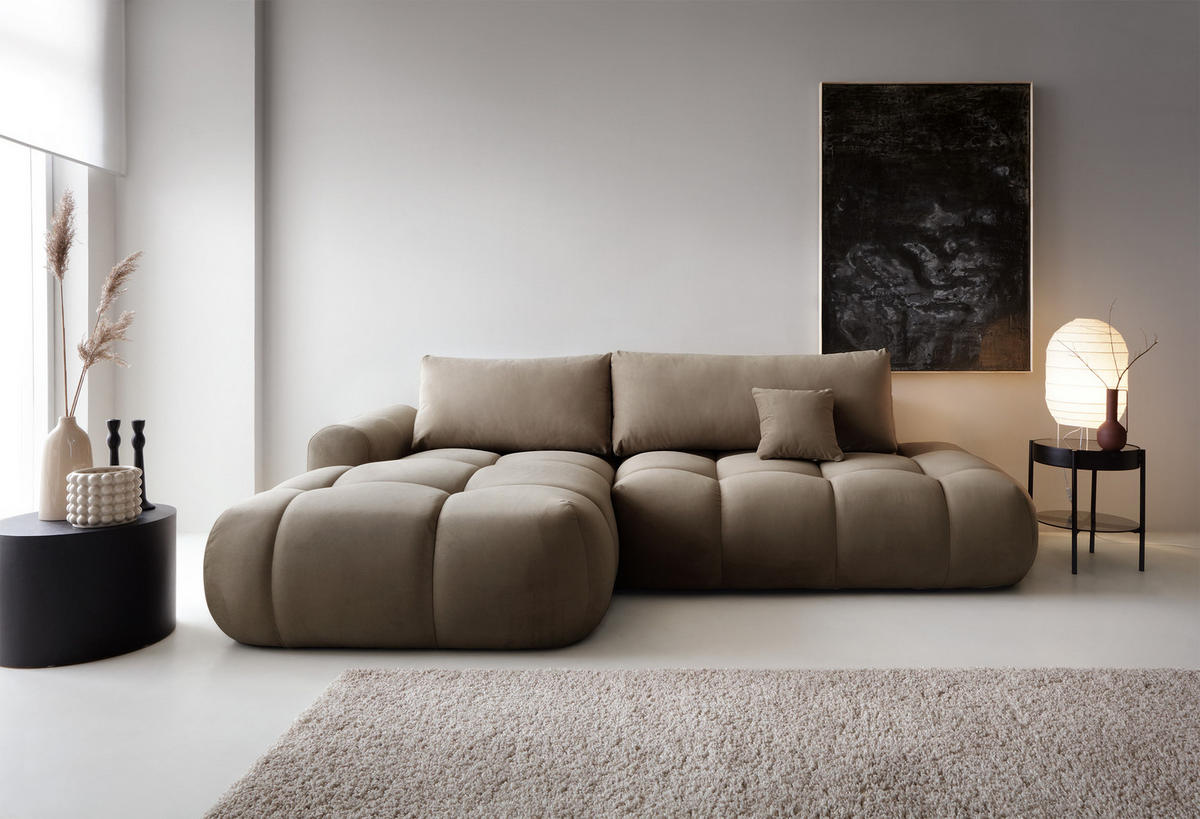 ECKSOFA Ombo Graubraun Velours 280 cm - Hellbraun/Schwarz, Kunststoff/Textil (284/167cm) - Selsey