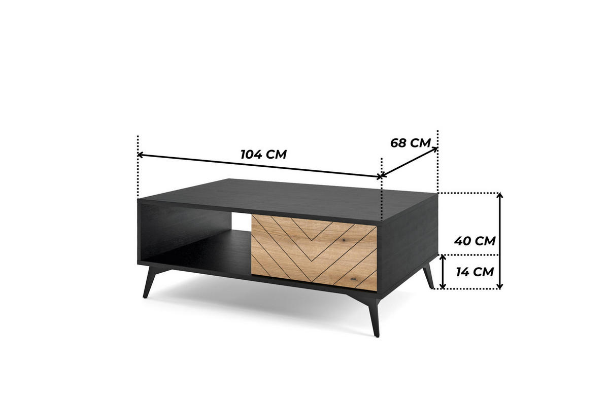 COUCHTISCH DIAMOND Ł2SZ (Eiche Evoke, Schwarz, Fischgrätmuster, Metallfüße, Push to Open) - Eichefarben/Schwarz, Holz/Holzwerkstoff (68/104/40cm) - Ravio