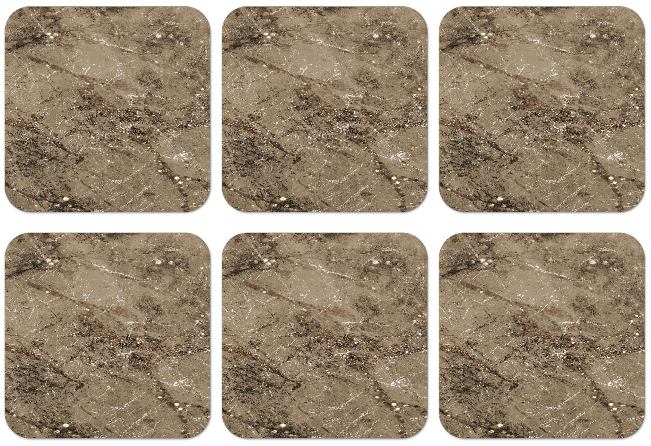 MuchoWow SADA 6 PODTÁCKŮ POD SKLENIČKY Mramor - Hnědá - Třpytky 10x10 cm