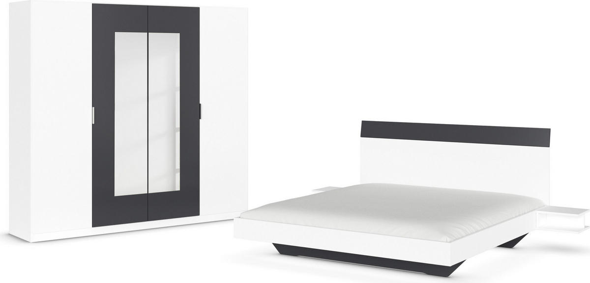 SCHLAFZIMMER Monza in Weiß und Grau Metallic mit Bettanlage 180x200cm, 2 Nachttischen und Drehtürenkleiderschrank 4türig mit Spiegel - Weiß, Holzwerkstoff (80/200/120cm)