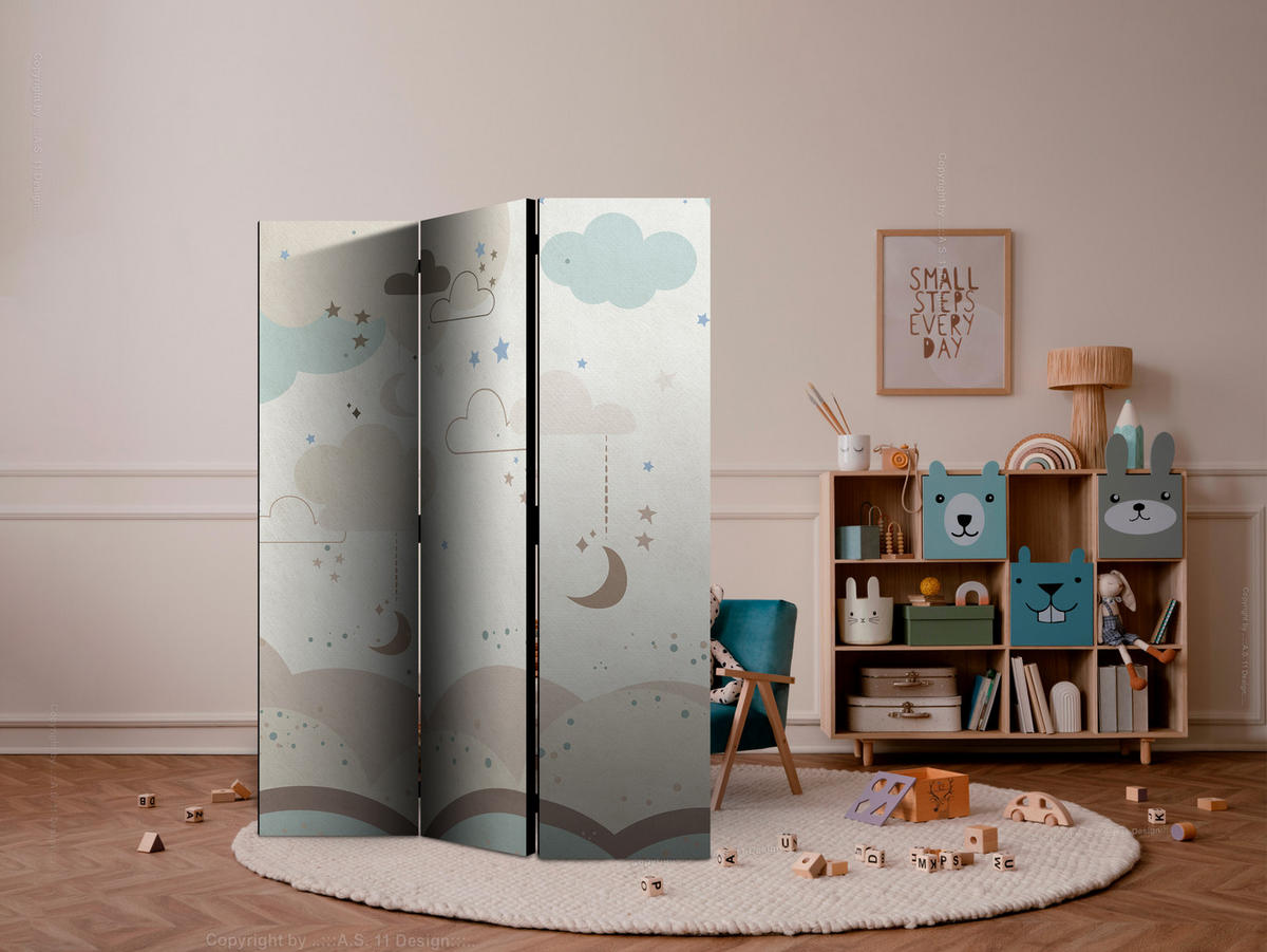 PARAVENT Akustik 3-tlg 135x172 cm Wolken Sterne f r Kinder - Beige, Holz/Textil (135/172/3cm) - Muralo