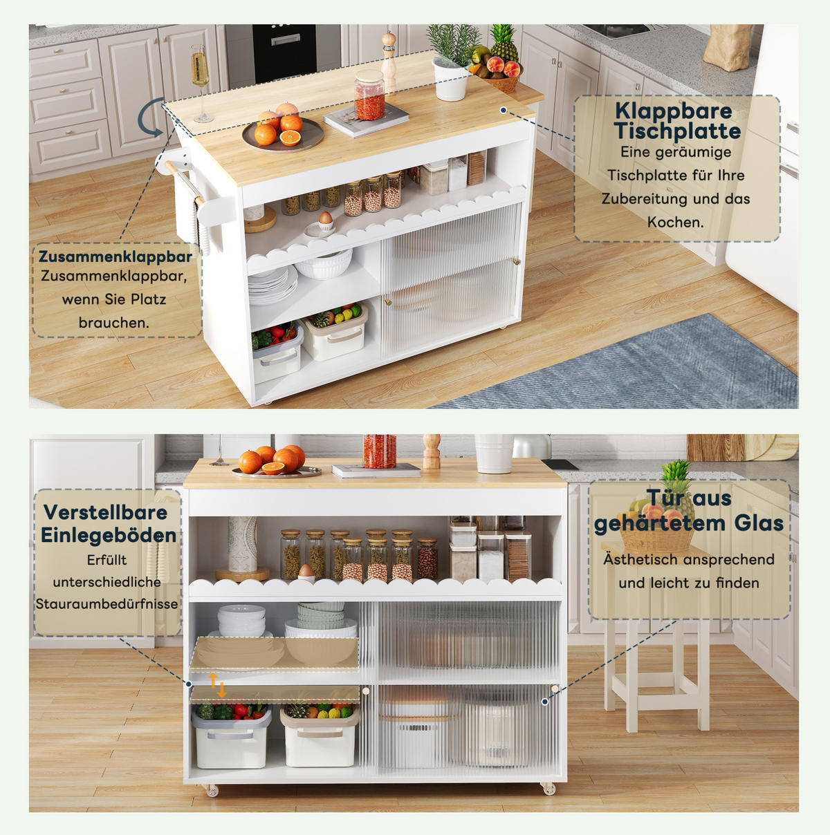 KÜCHENINSELWAGEN mit klappbarer Arbeitsplatte 122 x 46(69) x 91 cm Weiß/Natur - Weiß, Holz (46/91/122cm) - Beauniv