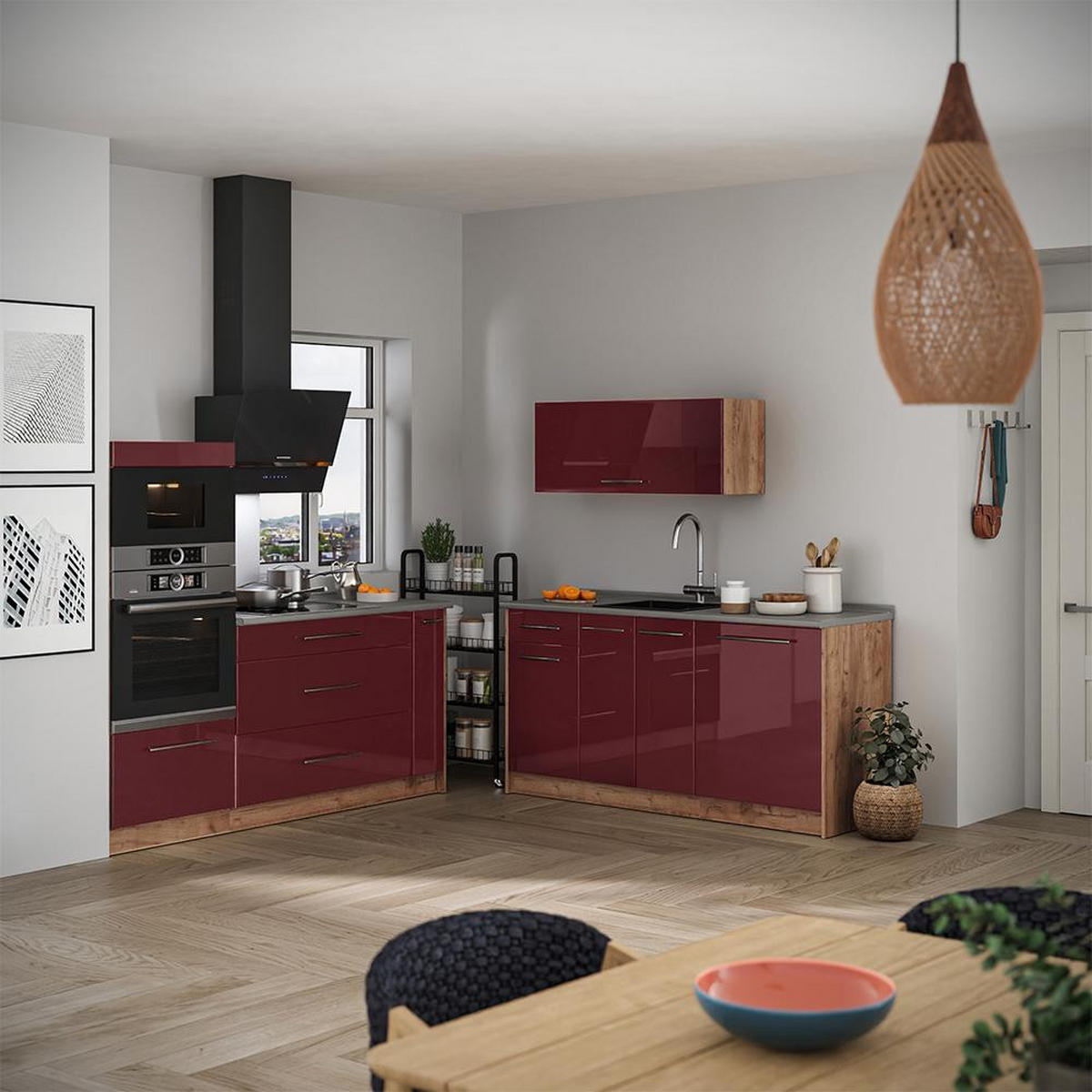 BUCĂTĂRIE Fame-Line, Bordeaux lucios ridicat/Stejar auriu, 340 cm, AP Stejar - bordo/culoare lemn stejar, compozit lemnos (340/153.6/60cm) - Vicco