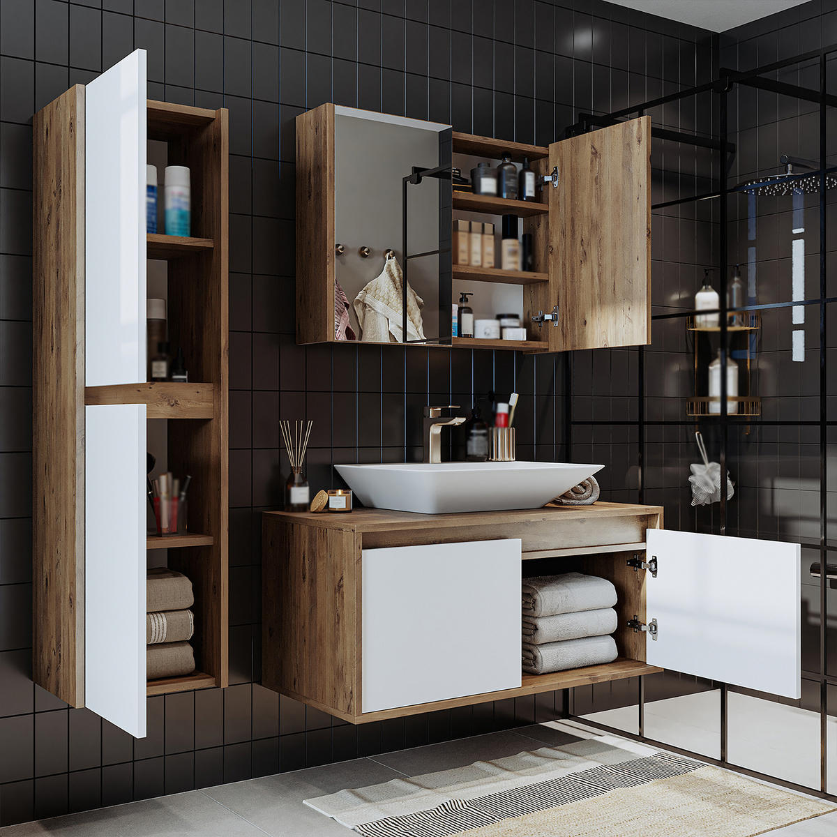 BADMÖBEL Set ATLANTIC-100 4-teilig - Eiche Bianco, Holzwerkstoff (100/150/45cm) - Roomart