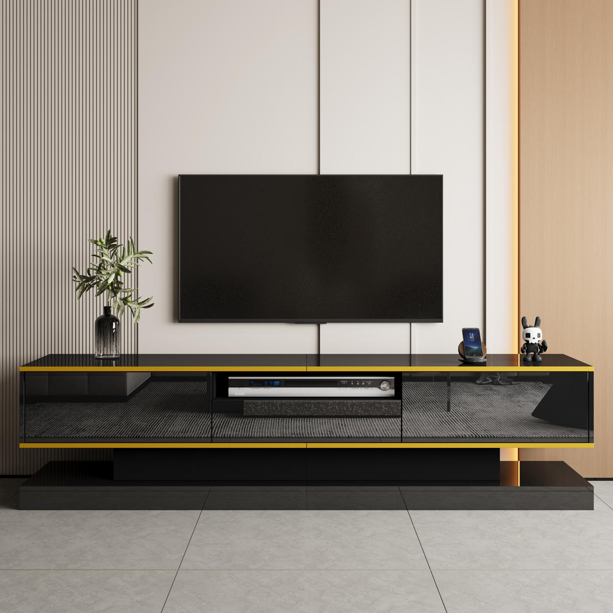 LOWBOARD DE-40561 3 Schubladen mit LED und goldenen Akzenten Schwarz - Schwarz, Holzwerkstoff (180/45/38cm) - ComfortXL