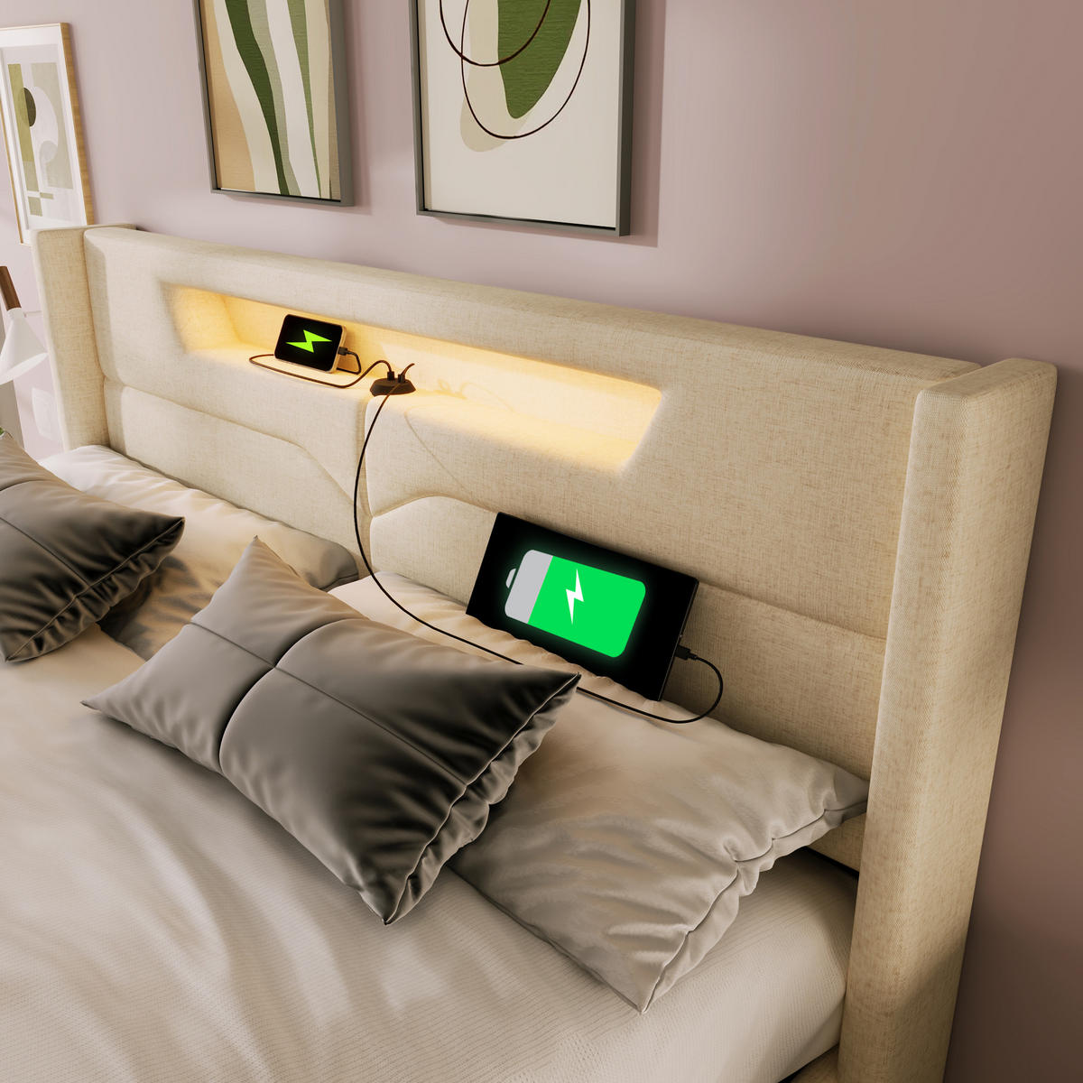 STAURAUMBETT 140/200 cm DE-00995, in Beige, LED und Matratze - Beige, Metall (140/200cm) - ComfortXL