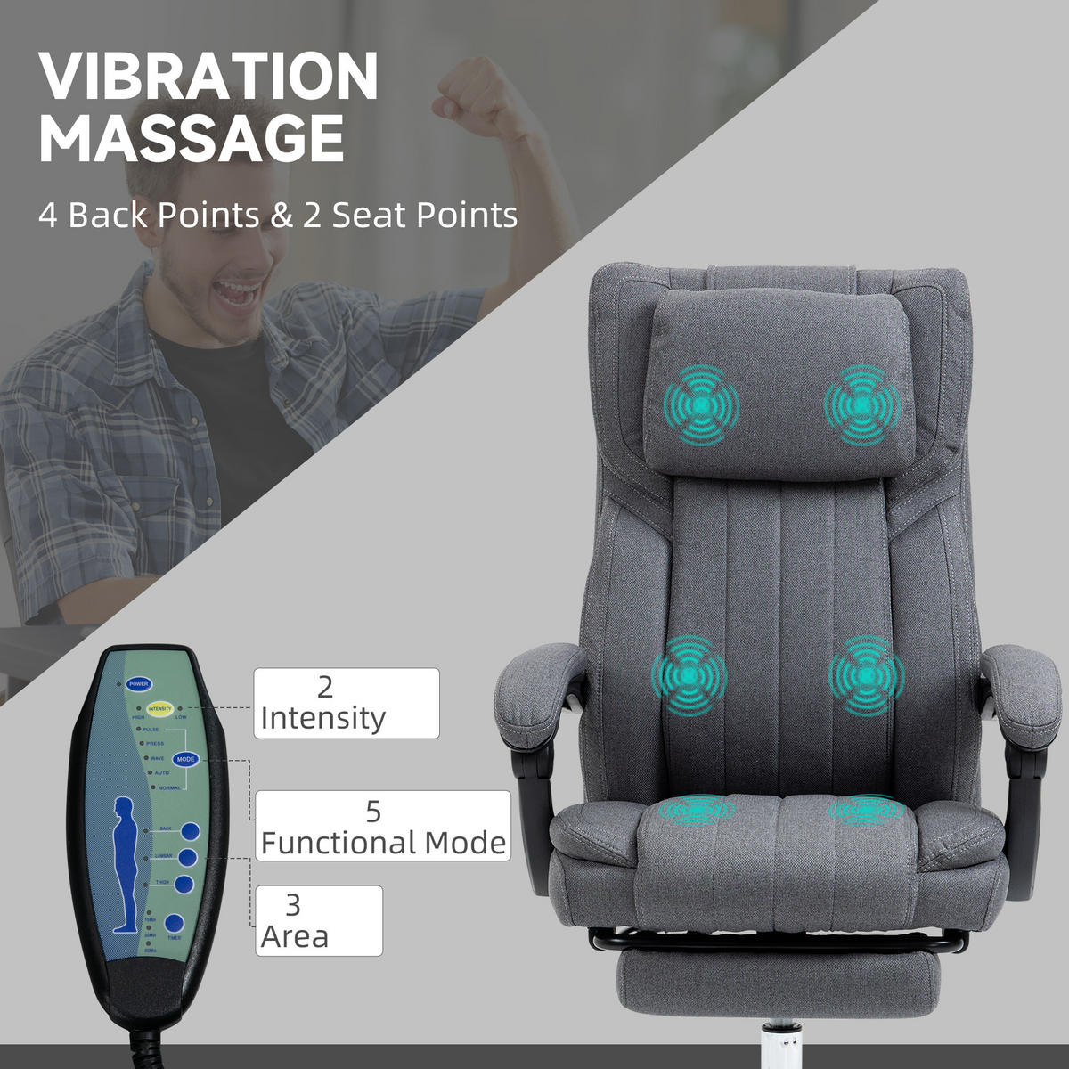 BÜROSTUHL mit Massagefunktion, Grau - Grau, Kunststoff (61/118/65cm) - Vinsetto
