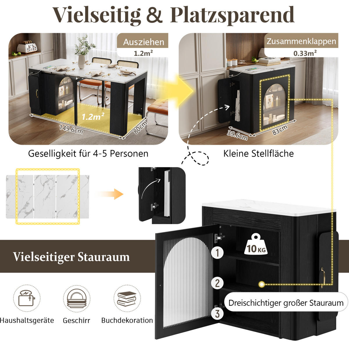 KÜCHENINSEL 83/39,6-149,6/77 cm weiß schwarz aus MDF mit Auszug Rollen LED und Steckdose - Schwarz, Holzwerkstoff (83/77/39.6cm) - OKWISH