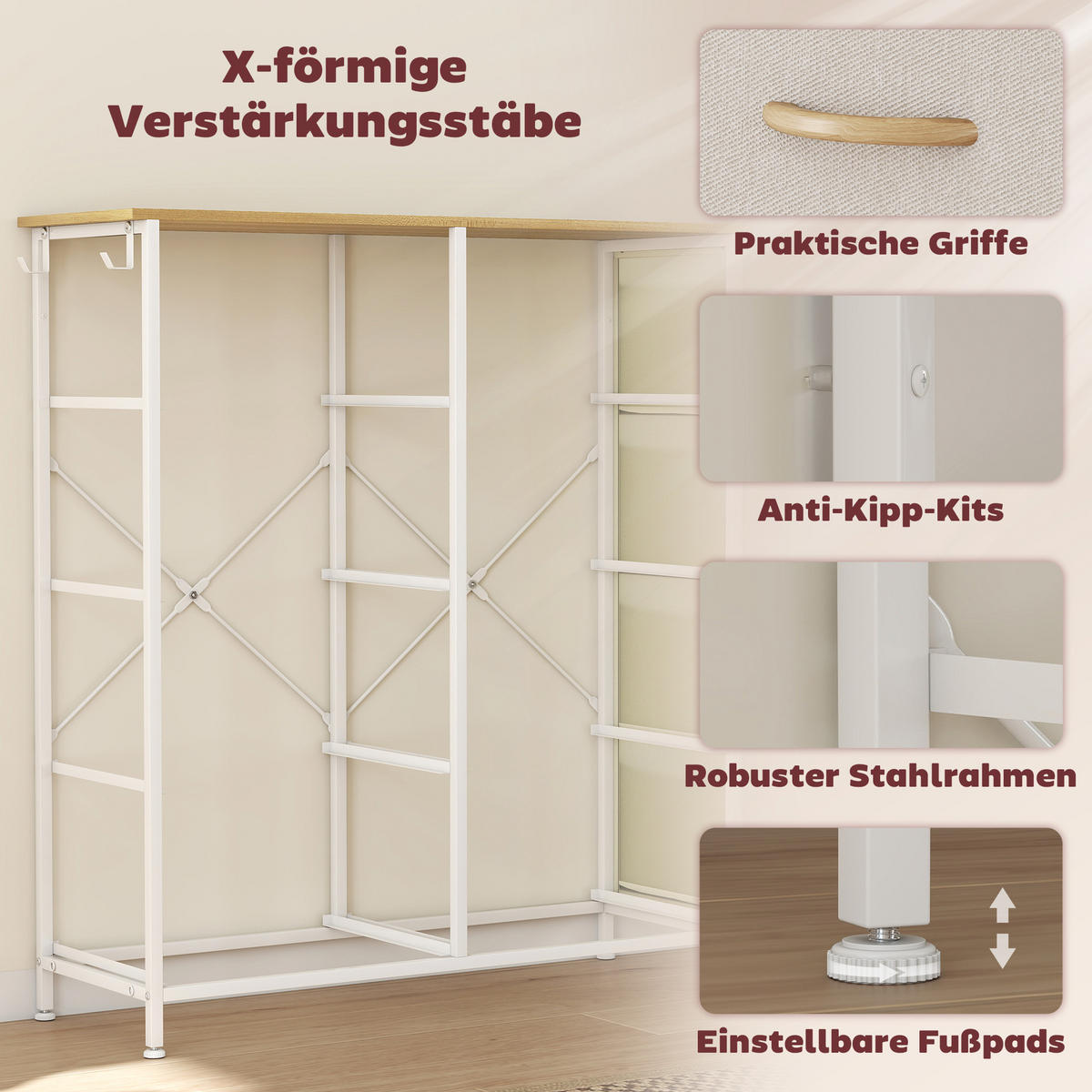 KOMMODE Schrank mit 8 Schubladen aus Stoff, Haken, Seitentasche, Stahlrahmen - Beige/Naturfarben, Holz/Textil (30/94.5/86cm) - HOMCOM