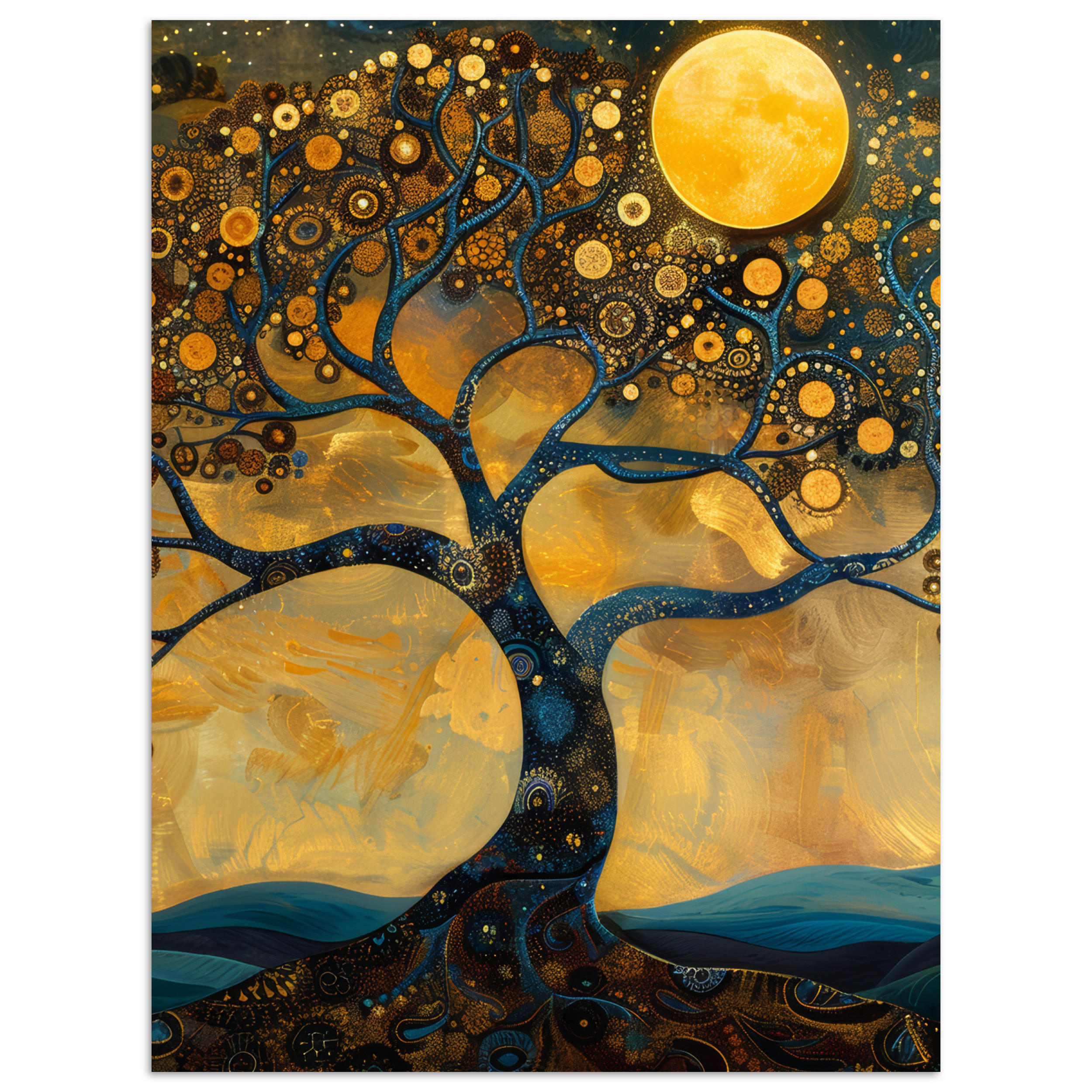 POSTER Baum - Mond - Blumen - Gold - Kunst 30x40 cm - Orange, Papier (30/40/0.1cm) - MuchoWow