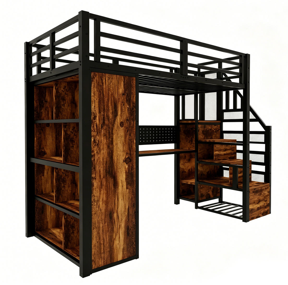 HOCHBETT 90/200 cm mit Stauraumtreppe, Schreibtisch, LED-Beleuchtung und Kleiderschrank, Schwarz - Schwarz, Holzwerkstoff (90/200cm) - Redom