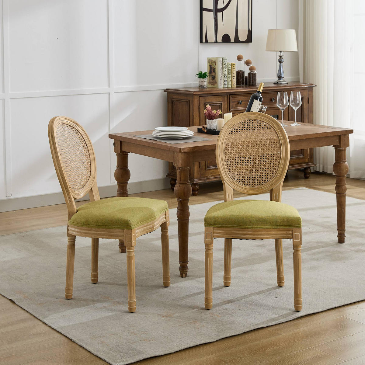 STUHL-SET DE-36325 2 Stück mit Rattan-Rückenlehne Olivgrün - Olivgrün, Holz (49/95/59.5cm) - ComfortXL