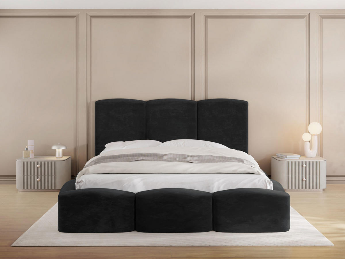 POLSTERBETT Harmony mit Bettkasten, Schwarz Samt Velours 120x200 cm - Schwarz Hochglanz/Birkefarben, Holzwerkstoff/Kunststoff (120/200cm) - WFL GROUP