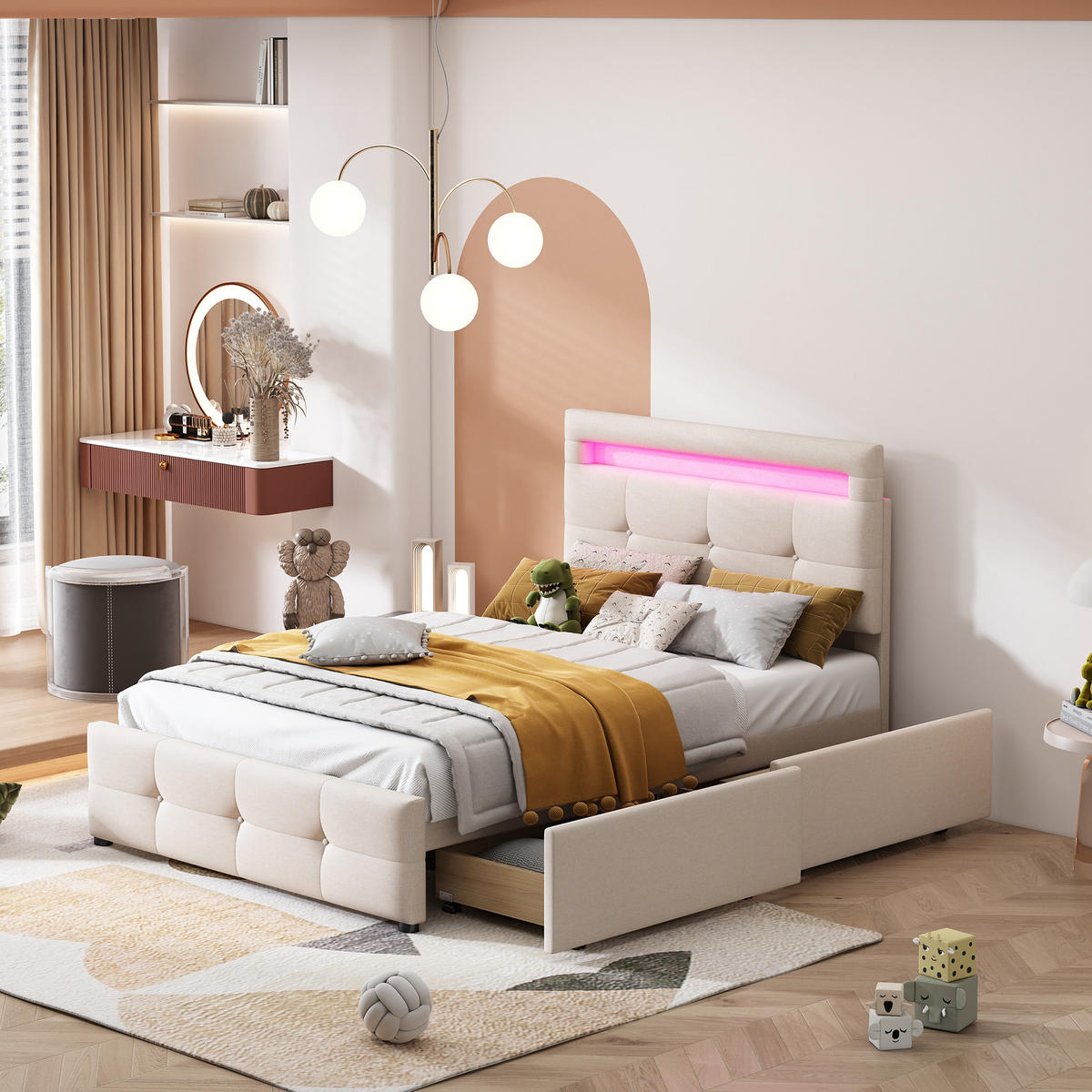 POLSTERBETT 90/200 cm beige aus Holz mit LED und 2 Schubladen - Beige, Holzwerkstoff (90/200cm) - OKWISH