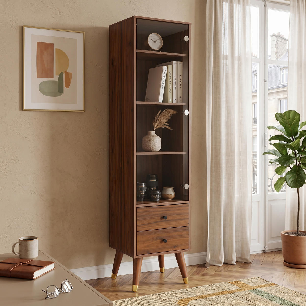 HIGHBOARD Nussbaumholz-Optik mit Glastür, 2 Schubladen & verstellbaren Regalen - Walnussfarben, Holzwerkstoff (39.8/160/35cm) - Urban Meuble