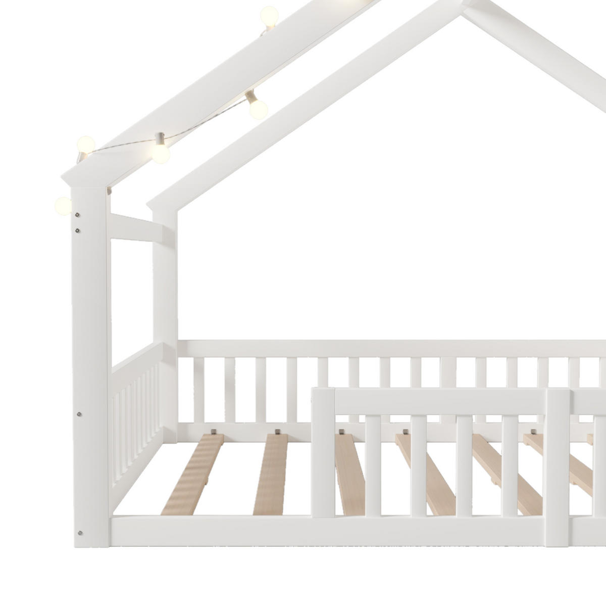 KINDERBETT 140/190 cm mit Schutzgitter, LED-Lichterkette und Seitenregalen aus Kiefernholz, Weiß - Weiß, Holz (140/190cm) - Redom