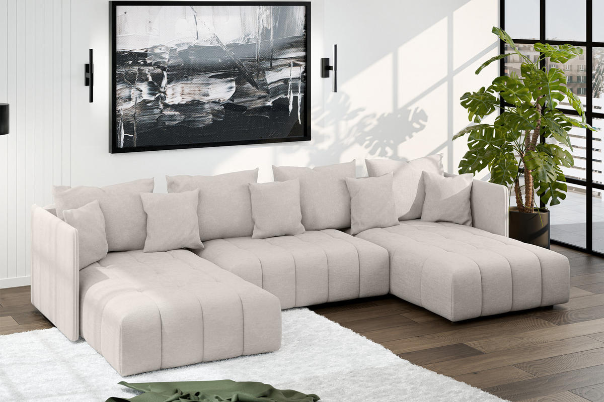 WOHNLANDSCHAFT Mersino Beige 353/180/83 cm – Wohnlandschaft fürs Wohnzimmer - Beige/Schwarz, Kunststoff/Textil (353/83/180cm) - AX Living