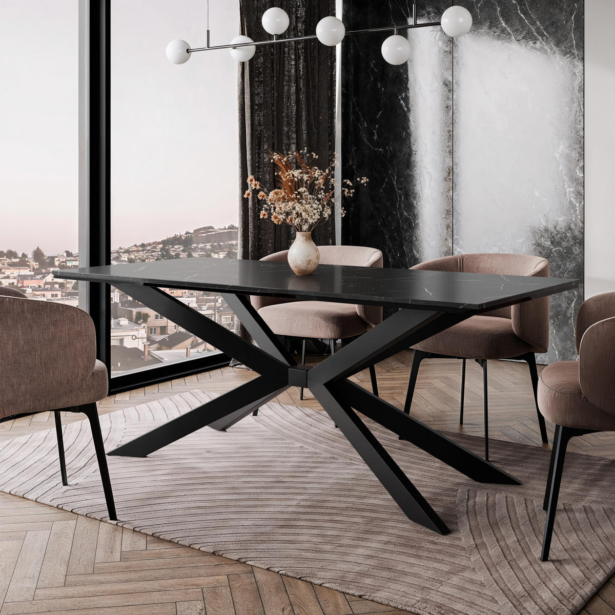 ESSTISCH 190 cm in Schwarz Marmor-Optik - Schwarz, Metall (90/190/76.5cm) - Home Collective