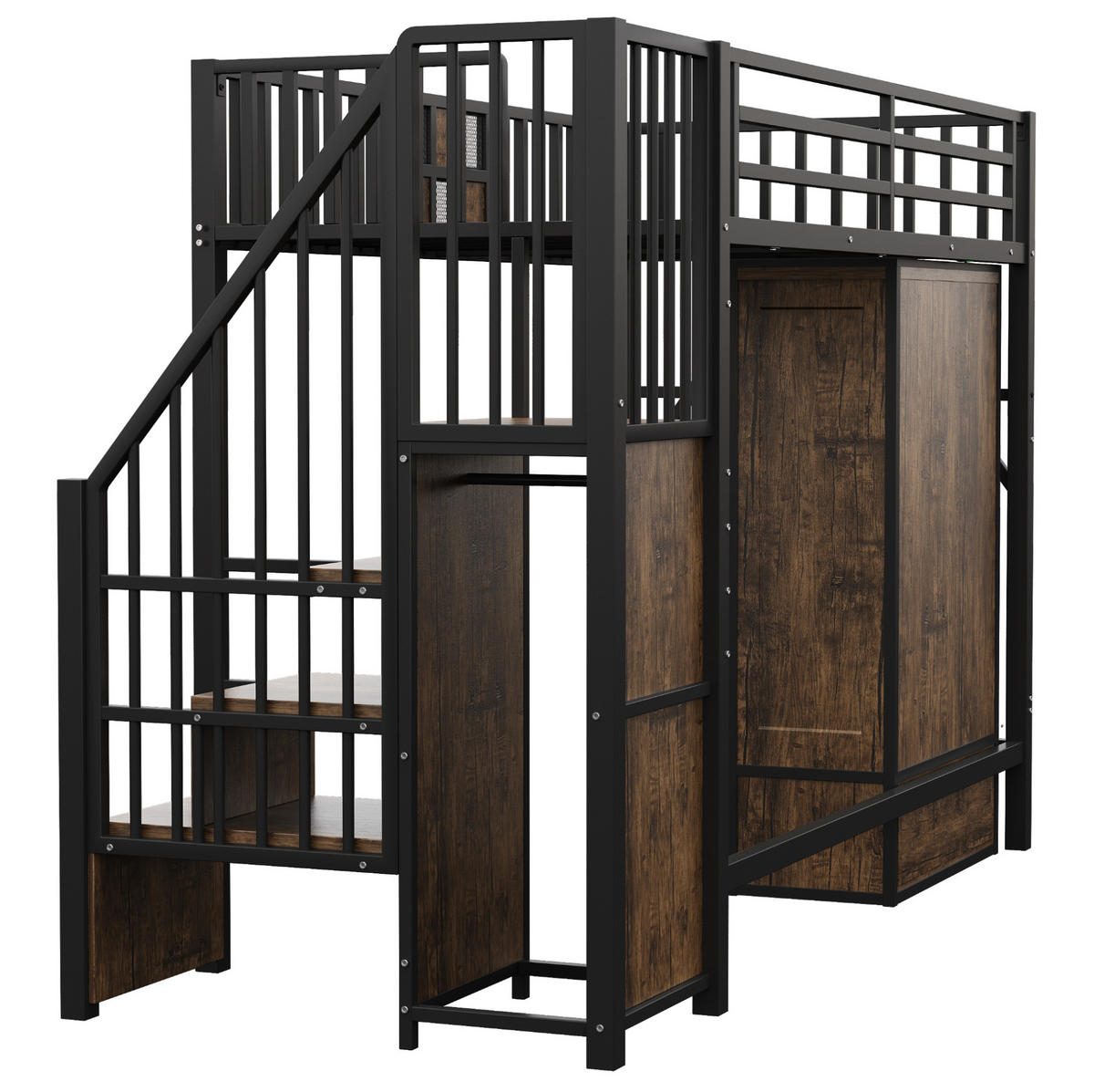 HOCHBETT 90/200 cm in Schwarz mit Stauraumleiter und Kleiderschrank - Schwarz, Metall (90/200cm) - BEAOK