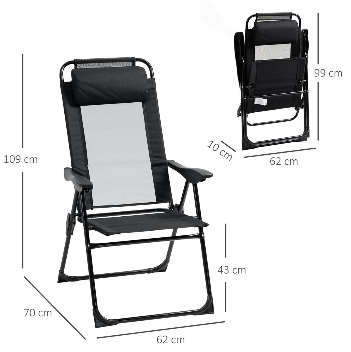 KLAPPSTUHL-SET 62/70/109 cm mit 5-fach verstellbarer Rückenlehne, faltbar und Stahlgestell, Schwarz - Schwarz, Metall (70/109/62cm) - Redom