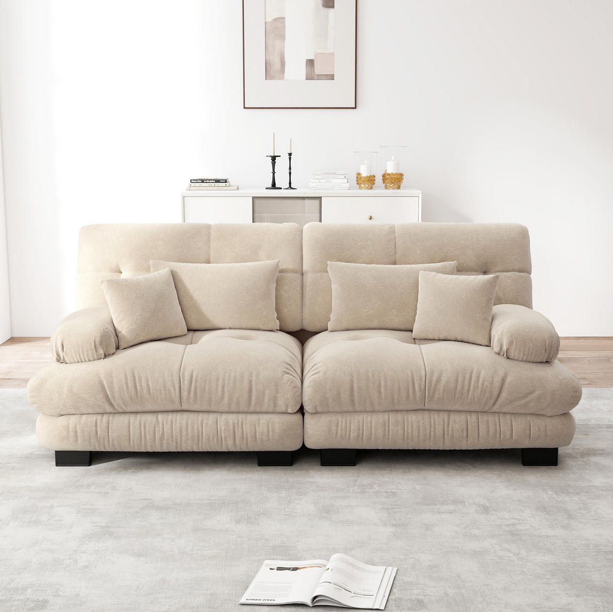 SOFA 220/77/81 cm in Hellbraun aus Chenille mit Kissen - Cappuccino, Textil (77/81/220cm) - Flora Grace