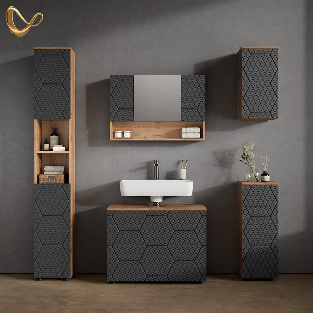 BADSCHRANK Ronco Anthrazit gestreift 30 x 59 cm 2 Fächer, Badezimmer - Eichefarben/Anthrazit, Holzwerkstoff (30/59/24cm) - Livinity®