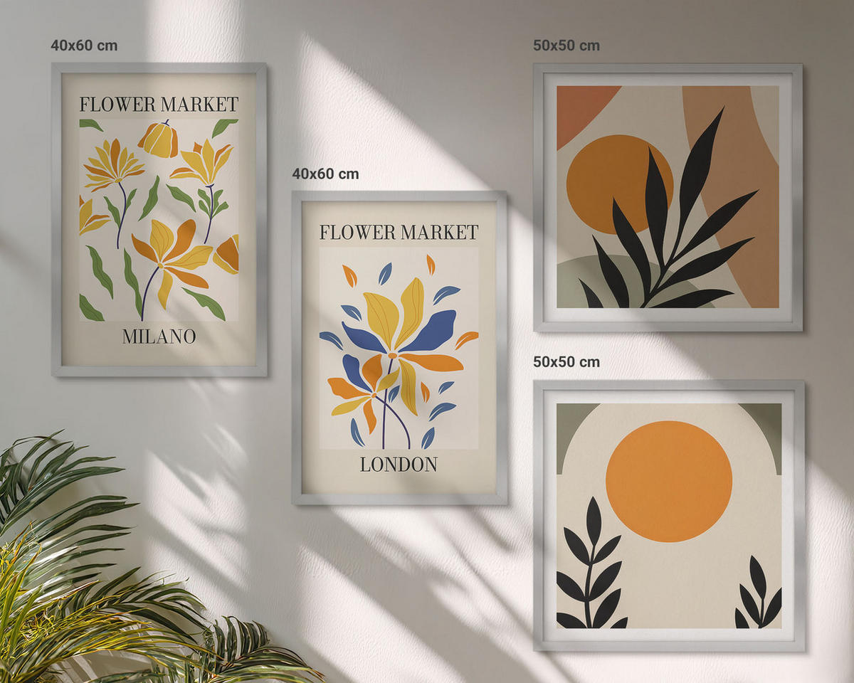 WANDBILDER 4er Set - 50x50 cm & 40x60 cm Silberner Rahmen - Blumenposter Paris Mailand - Silberfarben, Kunststoff (50/50cm) - ArtPrintCave