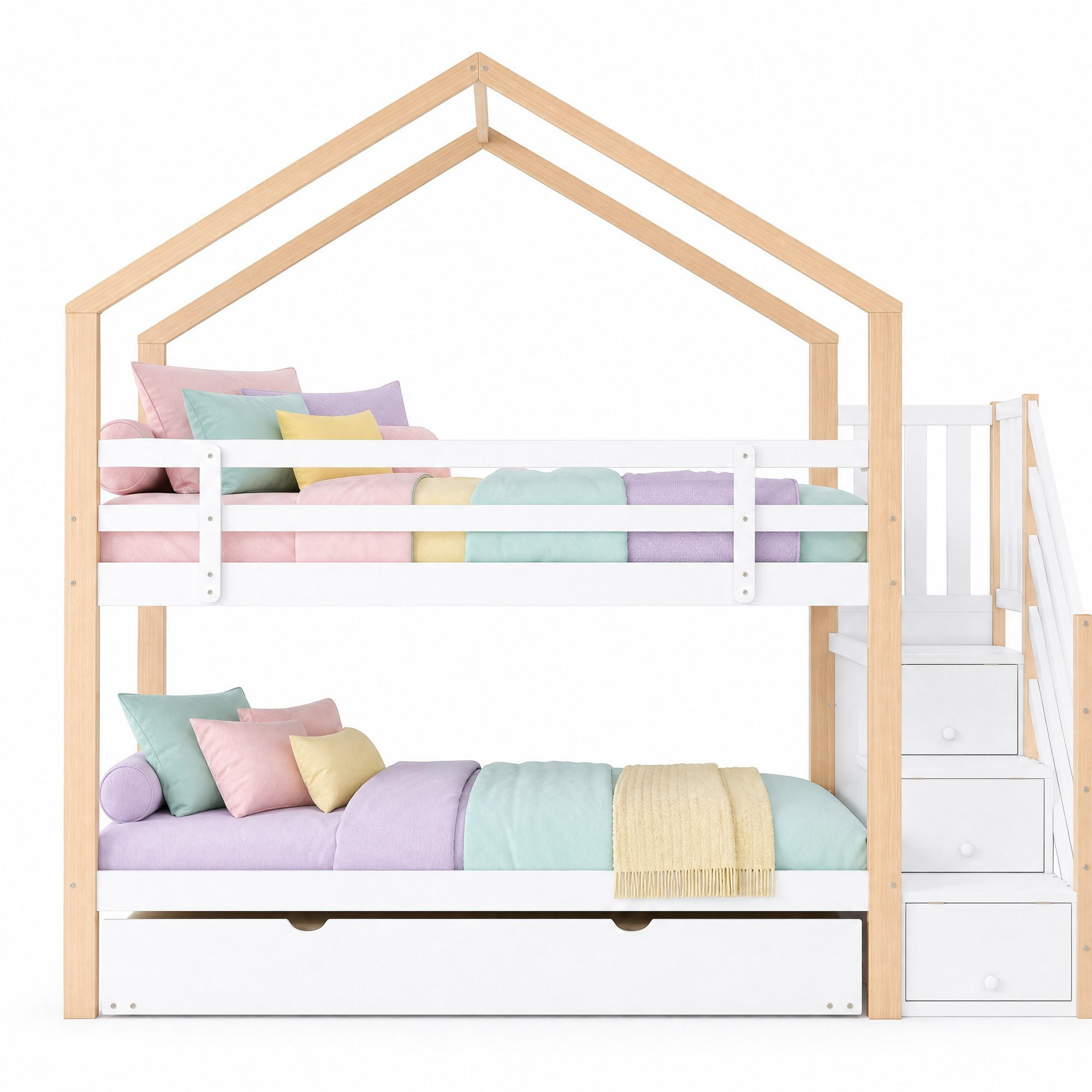 ETAGENBETT 90/200+90/190 mit Ausziehbett, Stauraumtreppe und Sicherheitsgeländer in Natur und Weiß - Naturfarben, Holz (90/200cm) - EVRYAE