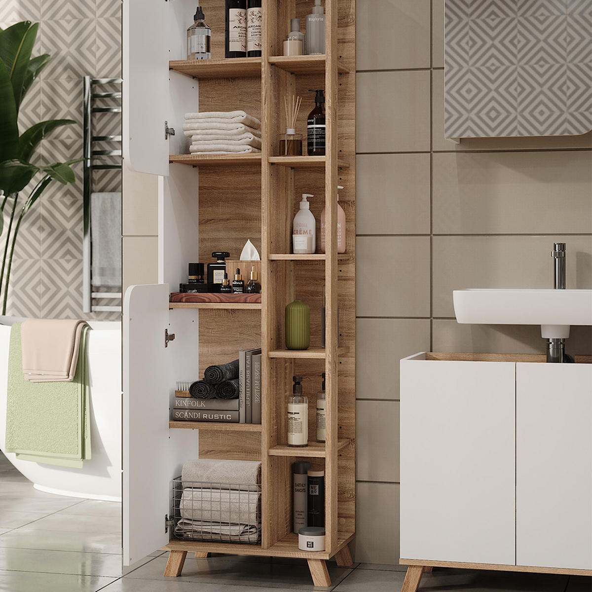 BADMÖBEL-SET Karen Sonoma/Weiß 4 Teile - Weiß/Sonoma Eiche, Holzwerkstoff (80/65/35cm) - Vicco