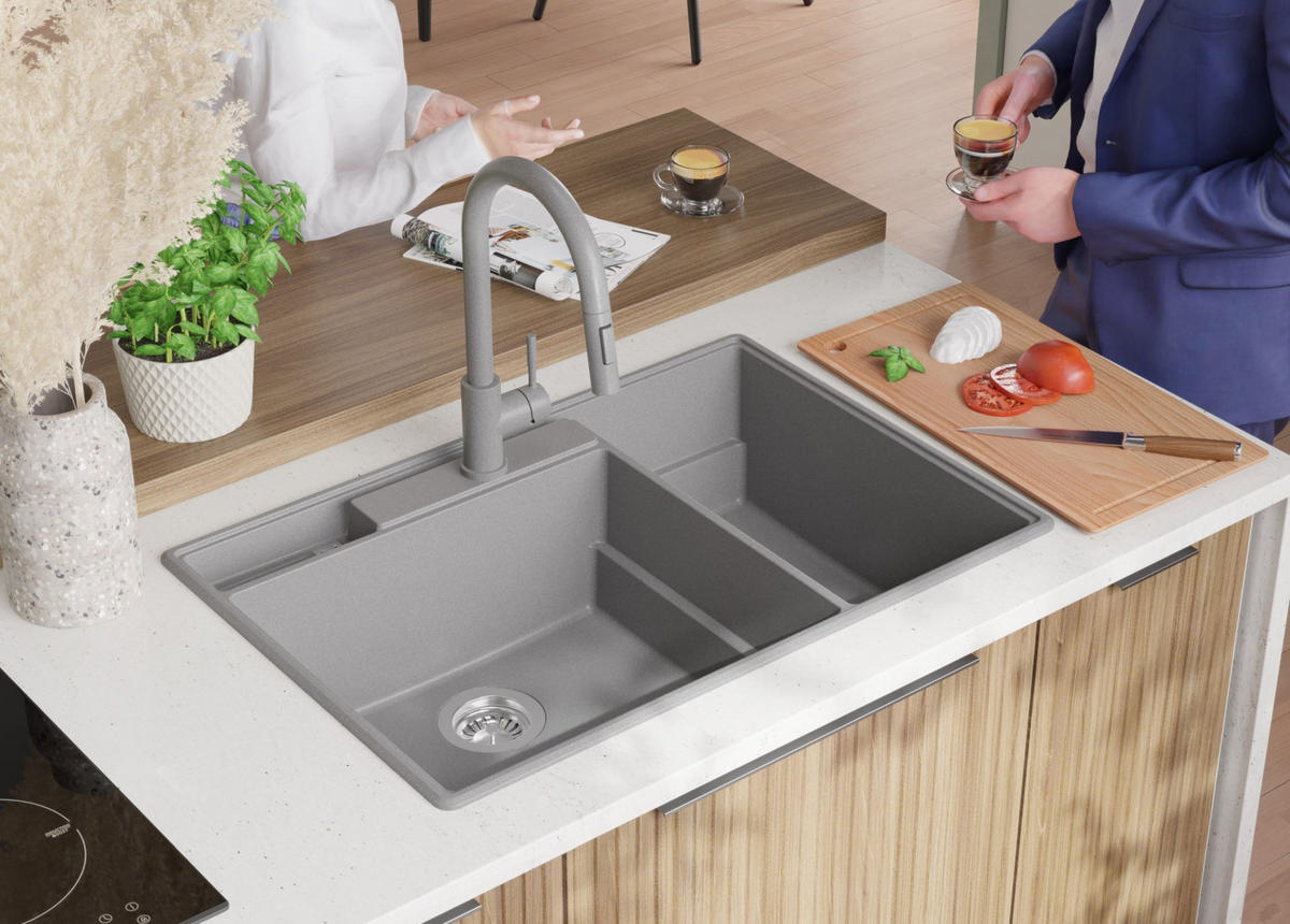 GRANITSPÜLE Paris, 2-er set Grau 78/53 cm 2 Becken + Küchenarmatur 32/20 cm + Ablauf-Set + Küchenzubehörset ab 80er Unterschrank - Chromfarben/Edelstahlfarben, Kunststoff (78/20/53cm) - Primagran