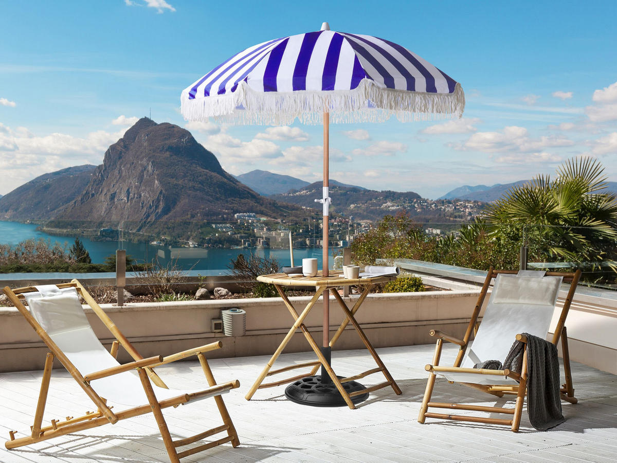 SONNENSCHIRM blau/weiß mit Volant 150 cm Mondello - Blau/Hellbraun, Textil (150/150cm) - Beliani