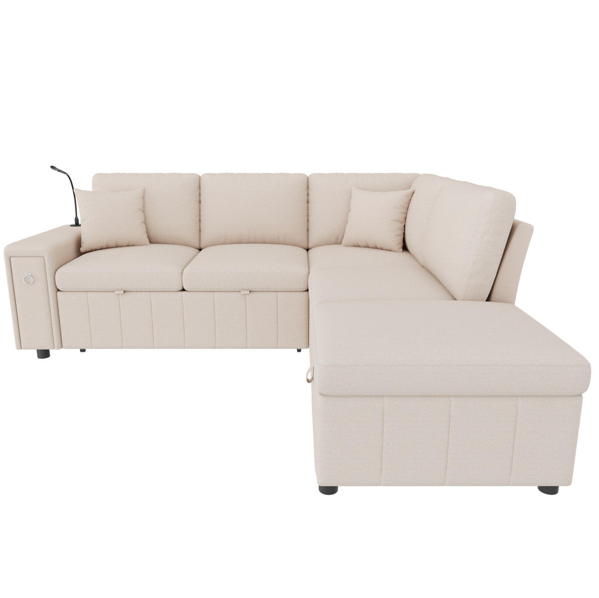 ROZKLÁDACÍ rohová pohovka 213/184/88 cm béžová z lnu s úložným pufem, lampou a USB nabíjením - béžová, textil (184/213cm) - OKWISH