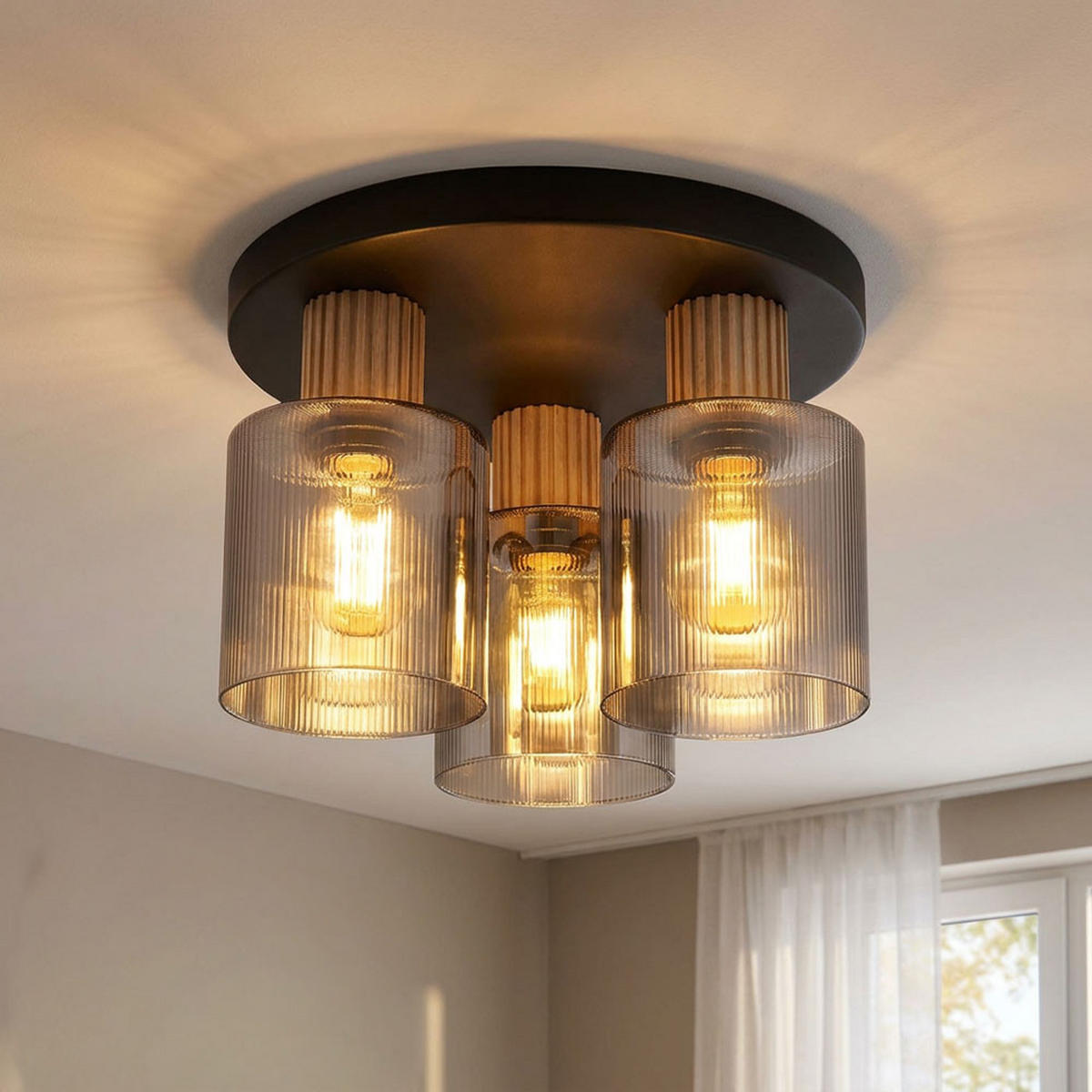 DECKENLEUCHTE ALEIDIS Holz, Rauchglas, Schwarz, 3-flammig - Orange, Holz (30/30/21cm) - Globo Lighting