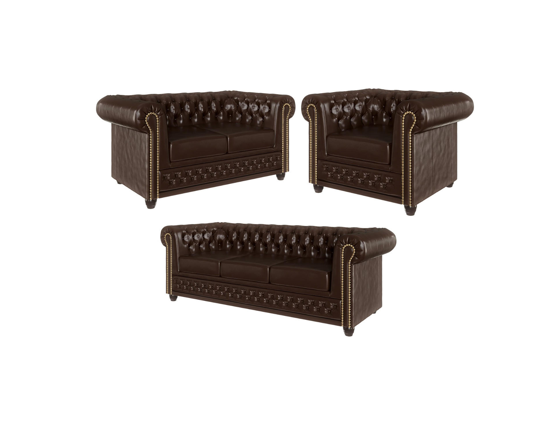 SITZGARNITUR 3+2+1 mit Schlaffunktion Chesterfield Morin Braun Vegan Leder - Braun, Buchenholz/Textil (203/72/86cm) - S-Style Möbel