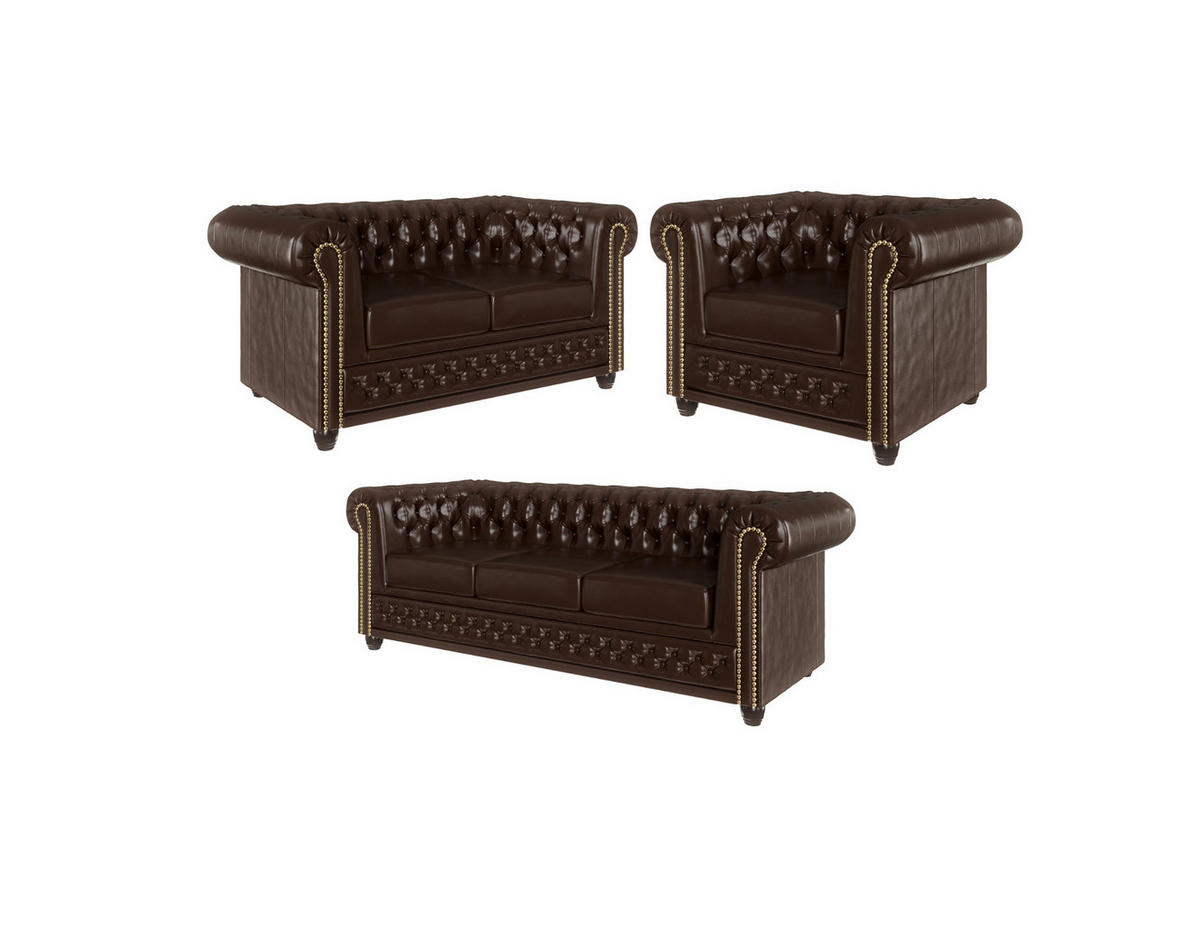 SITZGARNITUR 3+2+1 mit Schlaffunktion Chesterfield Morin Braun Vegan Leder - Braun, Buchenholz/Textil (203/72/86cm) - S-Style Möbel