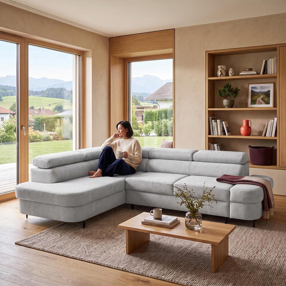 ECKSOFA PRIAM L Links mit Schlaffunktion 125x195 Velours Hellgrau - Hellgrau/Schwarz, Holz/Textil (203/275cm) - Muffo