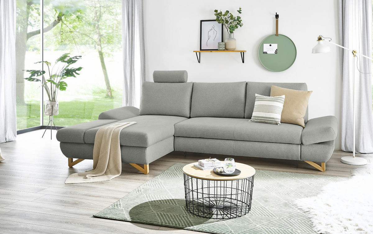 ECKSOFA hellgrau Velours, Wohnzimmer Sofa - Hellgrau, Holz/Textil (166/284cm) - Furn.Design