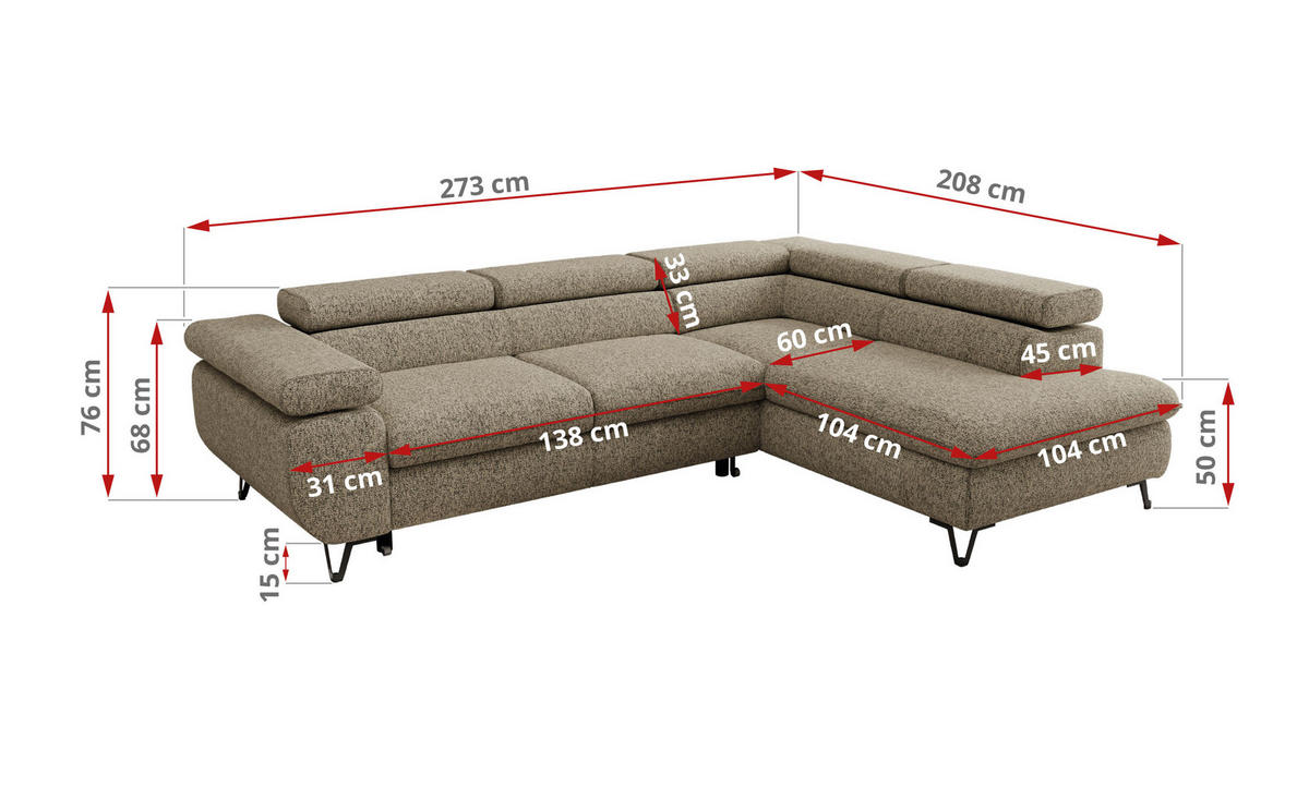 ECKSOFA PABLO L Dunkelbeige Struktur - Rechts Seite mit Visco Topper - Greige/Schwarz, Textil/Metall (273/208cm) - MKS