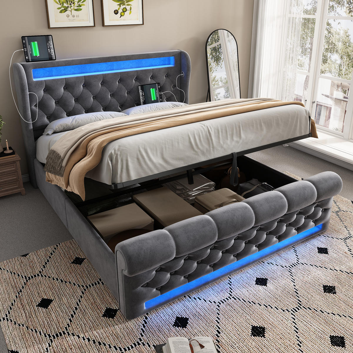 POLSTERBETT 140/200 cm Grau mit LED-Beleuchtung und Stauraum-Kopfteil aus Samt Mit Matratze - Grau, Textil (140/200cm) - OKWISH