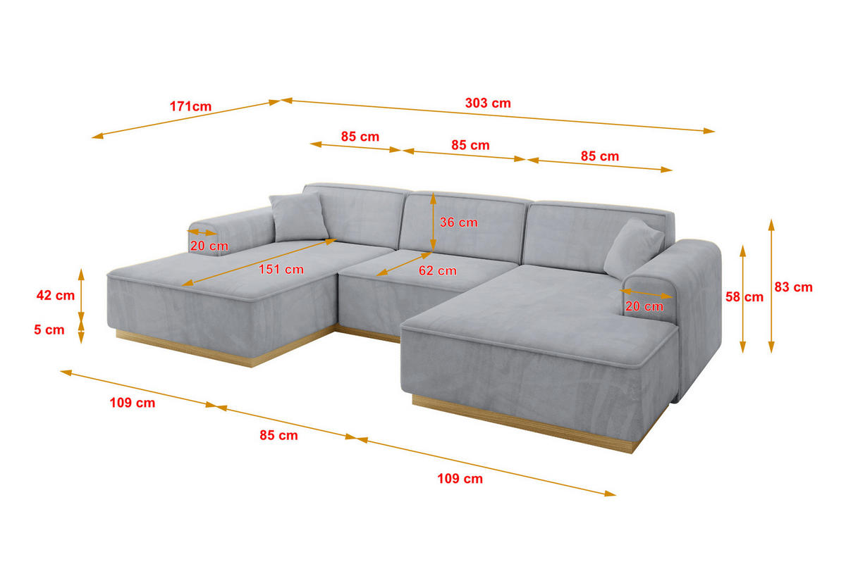 WOHNLANDSCHAFT IREA-U1-v2 - 303x171x83 cm Grau - Titanfarben, Holzwerkstoff/Textil (303/83/171cm) - ALTDECOR