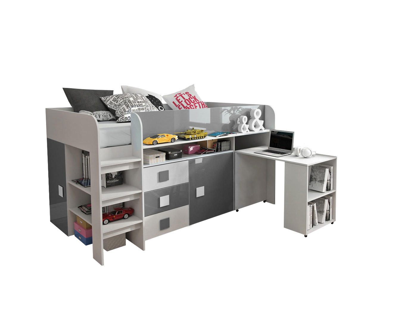 HOCHBETT Toledo weiß / grau Hochglanz - Griffe weiß / grau 106 / 204 / 125cm - Weiß/Grau, Holz/Holzwerkstoff (90/200cm) - Feldmann-Wohnen